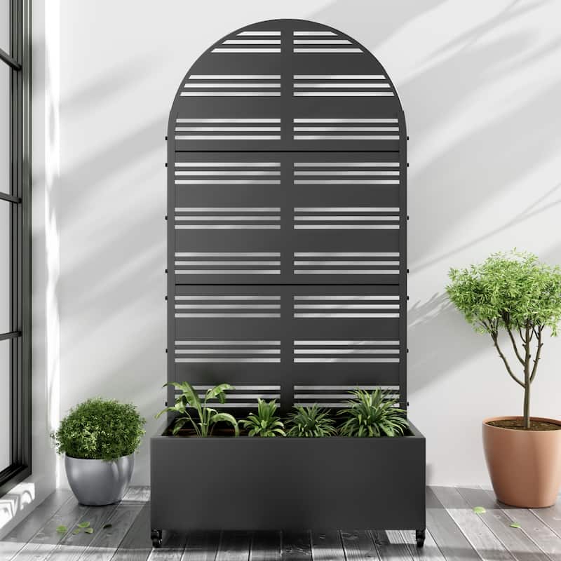 Metal Movable Planter Box with Trellis Privacy Screen Planter Box with Lockable Wheels - Black4