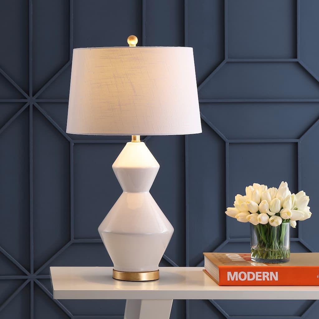 Astor 29" Geometric Ceramic/Metal LED Table Lamp, White/Gold Leaf by JONATHAN Y