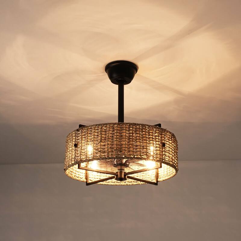 4-Light Traditional Boho Cylinder Drum Woven Rattan and Bamboo Ceiling Fan - 19.3 in. W x 8.3 in. H
