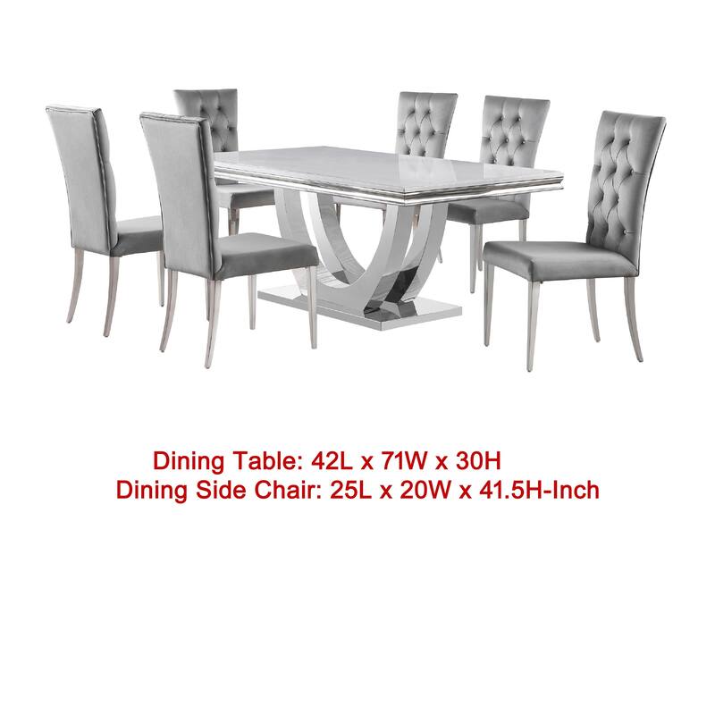 Kery 7pc Dining Table Set, Modern Gray Faux Marble Top, 6 Side Chairs