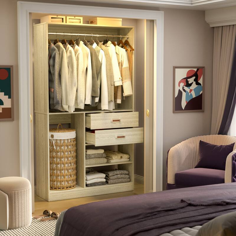 Rackcog Freestanding Closet Organizer with Hanging Rod, Closet System Wardrobe with Wood Drawers