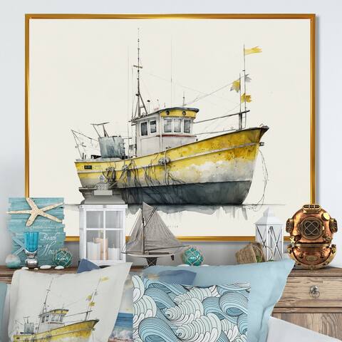 Designart "Fisherman's Boat In The Snow III" Coastal Boat Framed Canvas Art Print