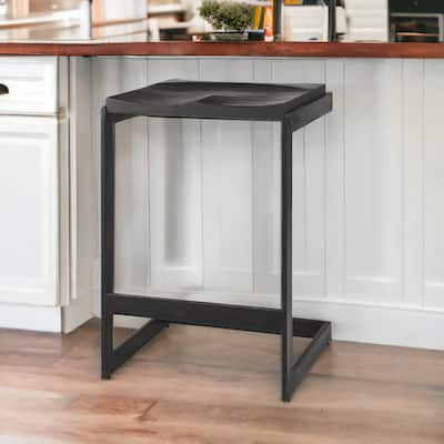 26" Backless Black Solid Wood Counter Height Bar Stool with Matte Metal Frame and Comfortable Footrest - 26”H x 17”W x 18”D