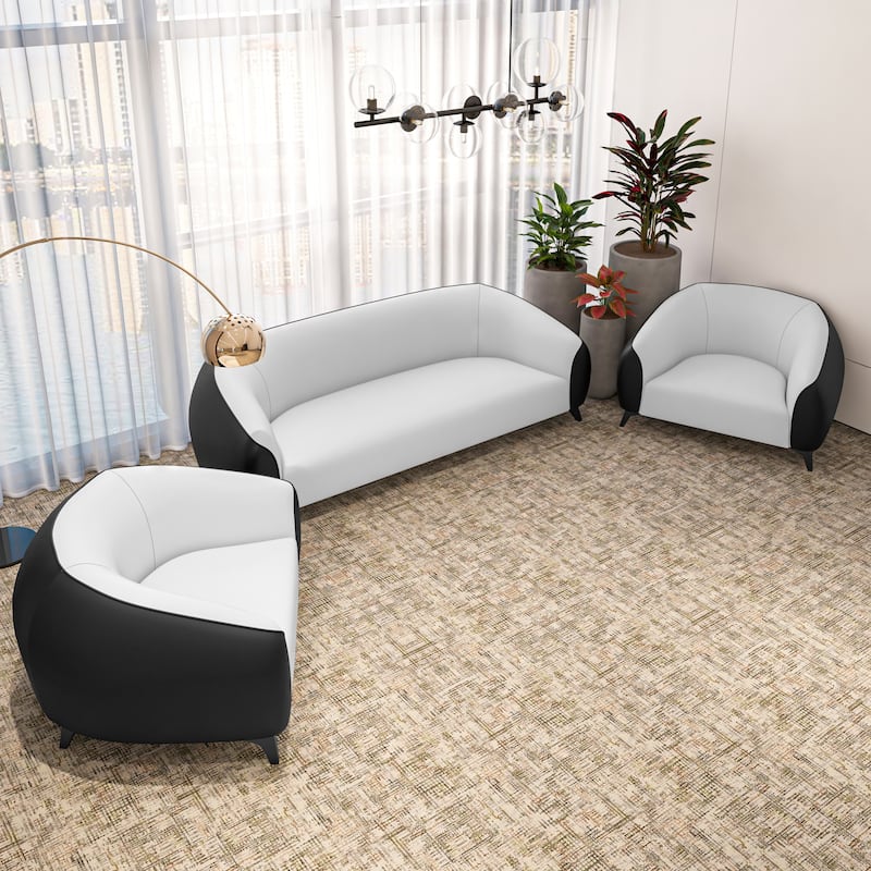 Opula Upholstered Vegan Leather Minimalist Silhouette 3-Piece Sofa Set with Solid Wood Frame and Steel Legs