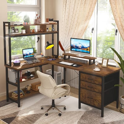 Ultimate L-Shape Gaming Desk with Bookshelf Hutch and 3 Fabric Drawers, Computer Desk with Power Outlets and LED Lights