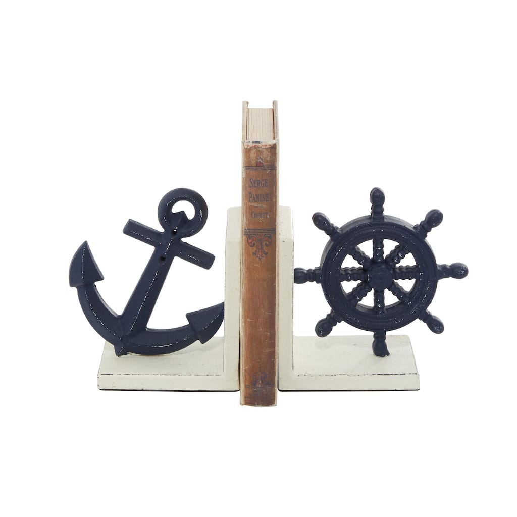 Metal Ship Wheel Anchor Bookends - Set of 2 Blue - Roche River Decor