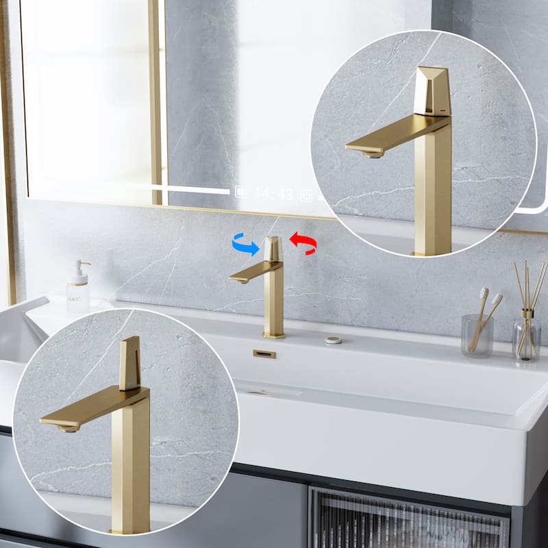 Brass Single Hole Bathroom Faucet, CUPC Certified 500K Leak-Proof, 1.97GPM with Red/Blue Handle (Brushed Gold/Matte Black)