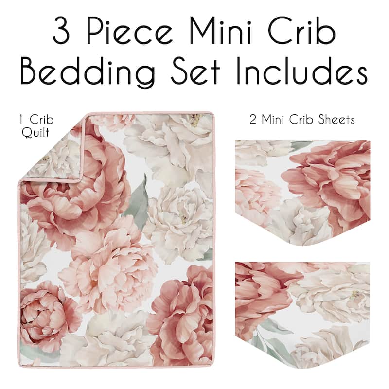 Sweet Jojo Designs Blush Pink Boho Shabby Chic Floral Girl 3pc Mini Crib Bedding Set Ivory Bohemian Vintage Watercolor Flower