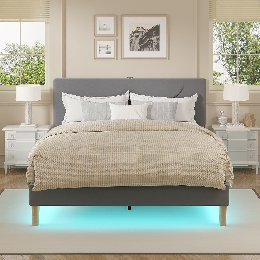 VECELO Platform Bed Frame with Charging Stations and Under Bed LED Lights Strong Wooden Slats Support No Box Spring Needed