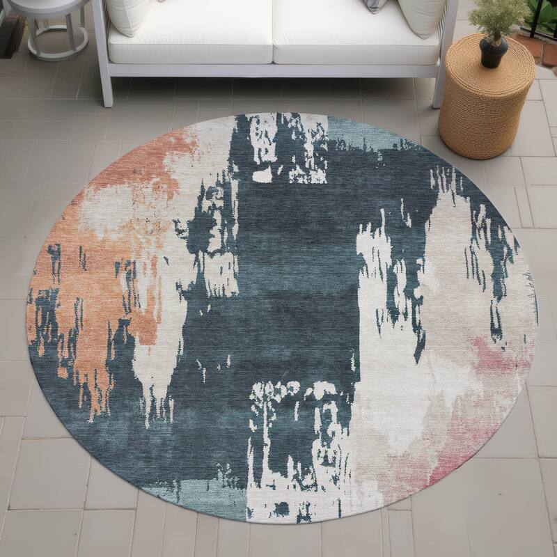 Machine Washable Indoor/ Outdoor Contemporary Fusion Chantille Rug - Teal - 8' x 8'