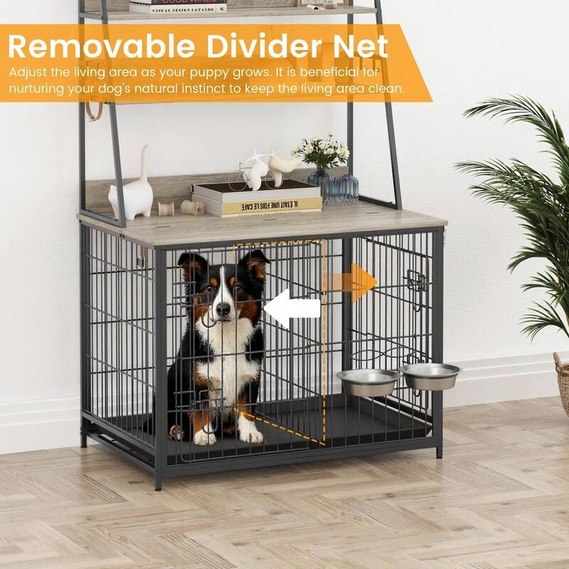 Heavy Duty Dog Crate Furniture, Adjustable Bowls, with 3 Shelves