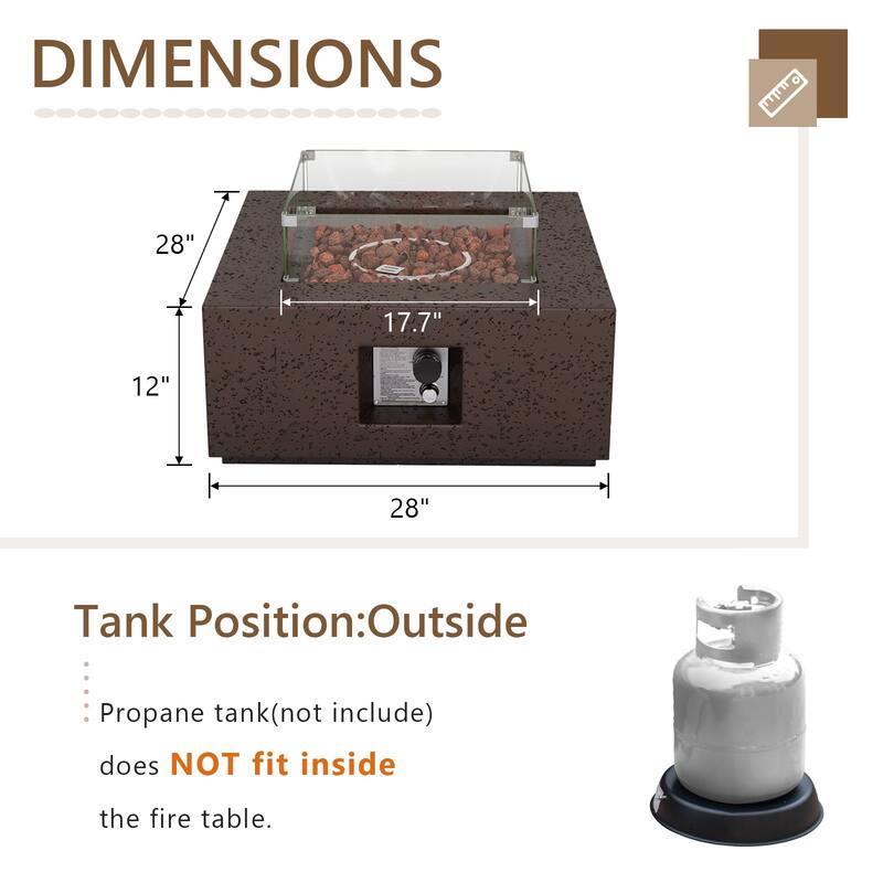 Square Outdoor Patio Propane Firepit with Wind Guard