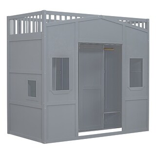 Twin Size Wood House Loft Bed with Ladder and Wardrobe, Grey