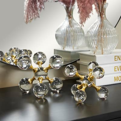 Clear Crystal Orb Inspired Jack Decorative Sculpture with Gold Metal Accents (Set of 2)