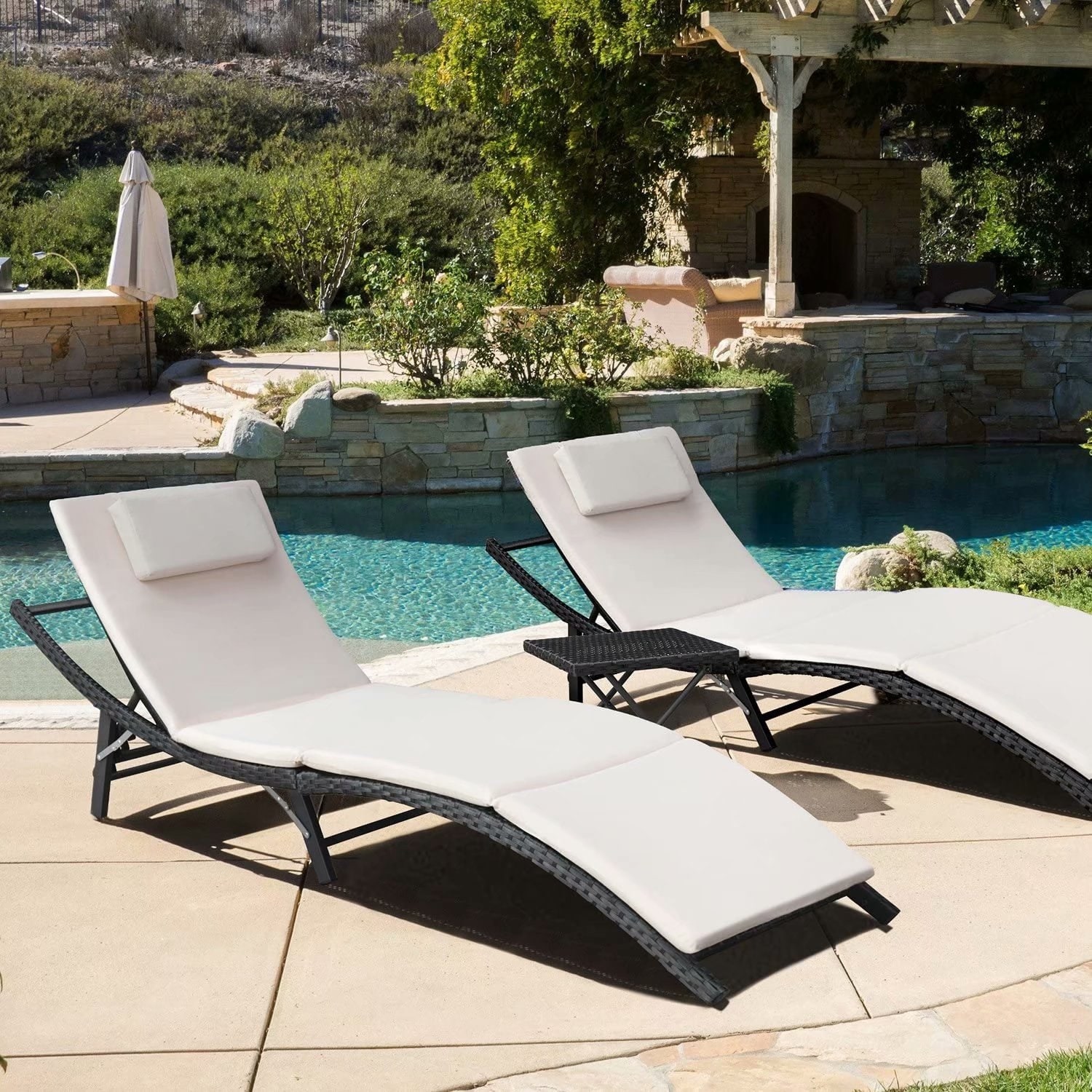 Homall Patio Chaise Lounge Sets Outdoor Rattan Adjustable Back 3 Pieces Cushioned Patio Folding Chaise Lounge with Folding Table On Sale Bed Bath Beyond 33094395