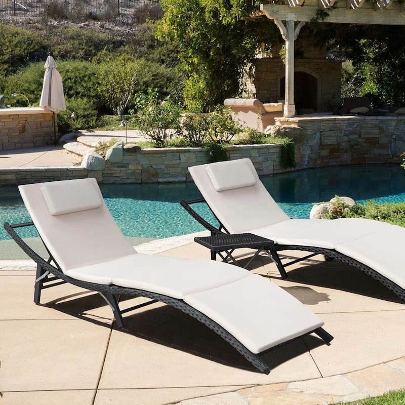 Homall Patio Chaise Lounge Sets Outdoor Rattan Adjustable Back 3 Pieces Cushioned Patio Folding Chaise Lounge with Folding Table
