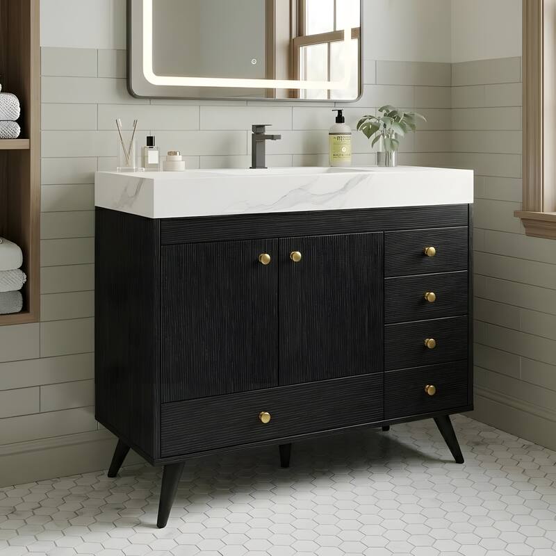 36" Freestanding Bathroom Vanity with Faux Marble Top, Ceramic Sink, 5 Drawers & Stainless Steel Legs