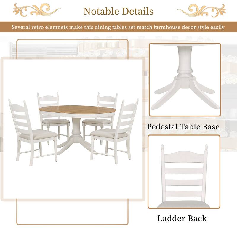 Off White Retro 5-Piece Wooden Dining Table Set with Extendable Round Table & 4 Chairs