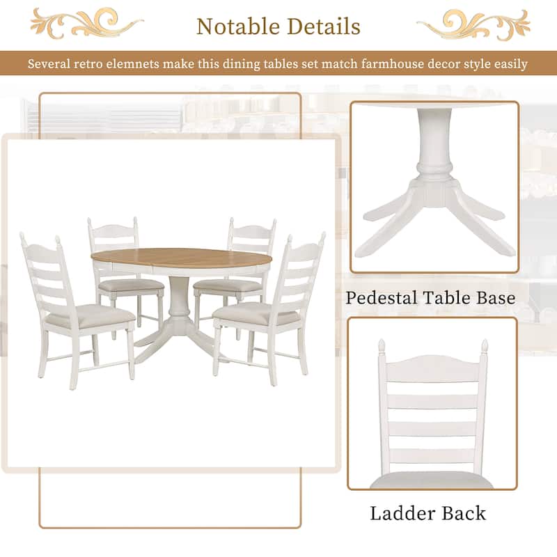 Retro 5-Piece Dining Table Set with Extendable Round Table and Upholstered Chairs for Elegant Dining