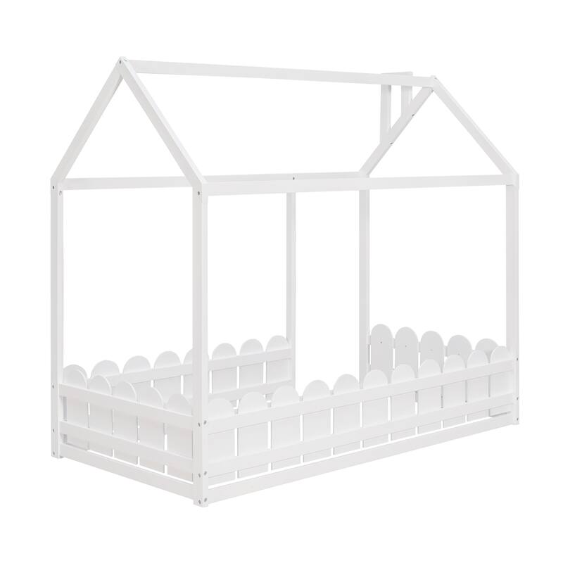 (Slats are not included)Twin Size Wood bed House bed Frame with Fence,for ,Teens, Girls,Boys (White)