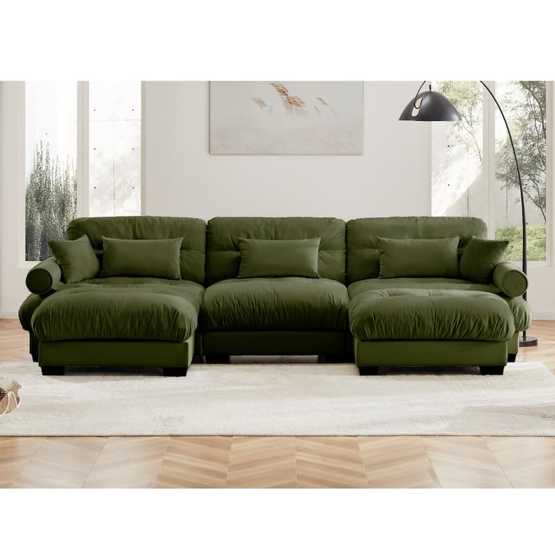 130" Velvet Modular Sectional Sofa with Ottomans & Pillows