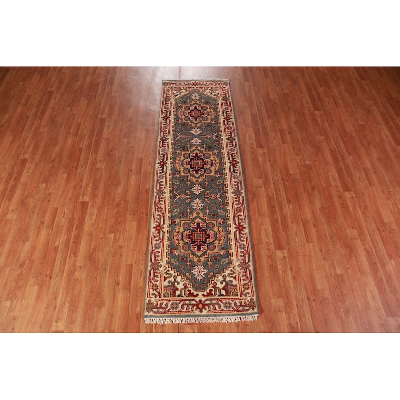 Hand Knotted Oriental 100% Wool Carpet Traditional Geometric Greys & Charcoal Heriz (serapi) Runner Rug - 8' 2'' X 2' 6''