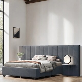 ロメオベッド（クイーンサイズ / グレーウェンジ） Queen Size Velvet Upholstered Platform Bed with Big Headboard