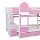 preview thumbnail 12 of 10, Full Over Full Wooden Bunk Bed with 2 Drawers & 3 Shelves, Castle Style Stairway Bedframe with Slide & Safety Guardrails, Pink