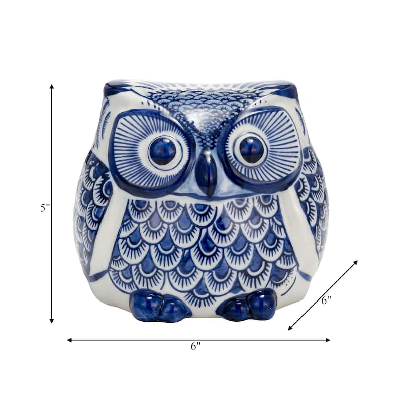 Ceramic Chinoiserie Handpainted Owl Figurine - Blue