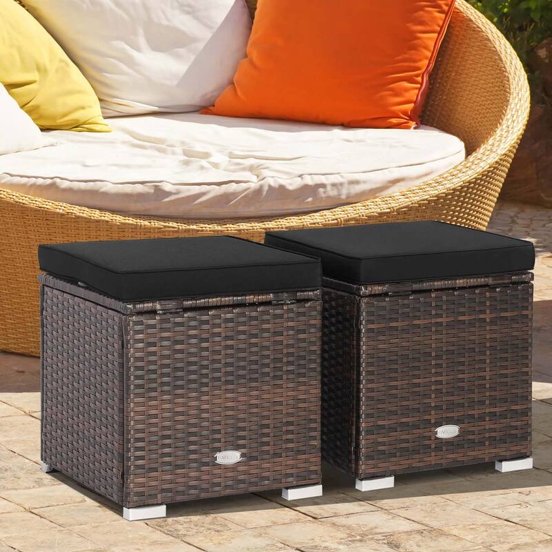 Costway 2PCS Patio Rattan Ottomans Seat Side Table Storage Box - See Details