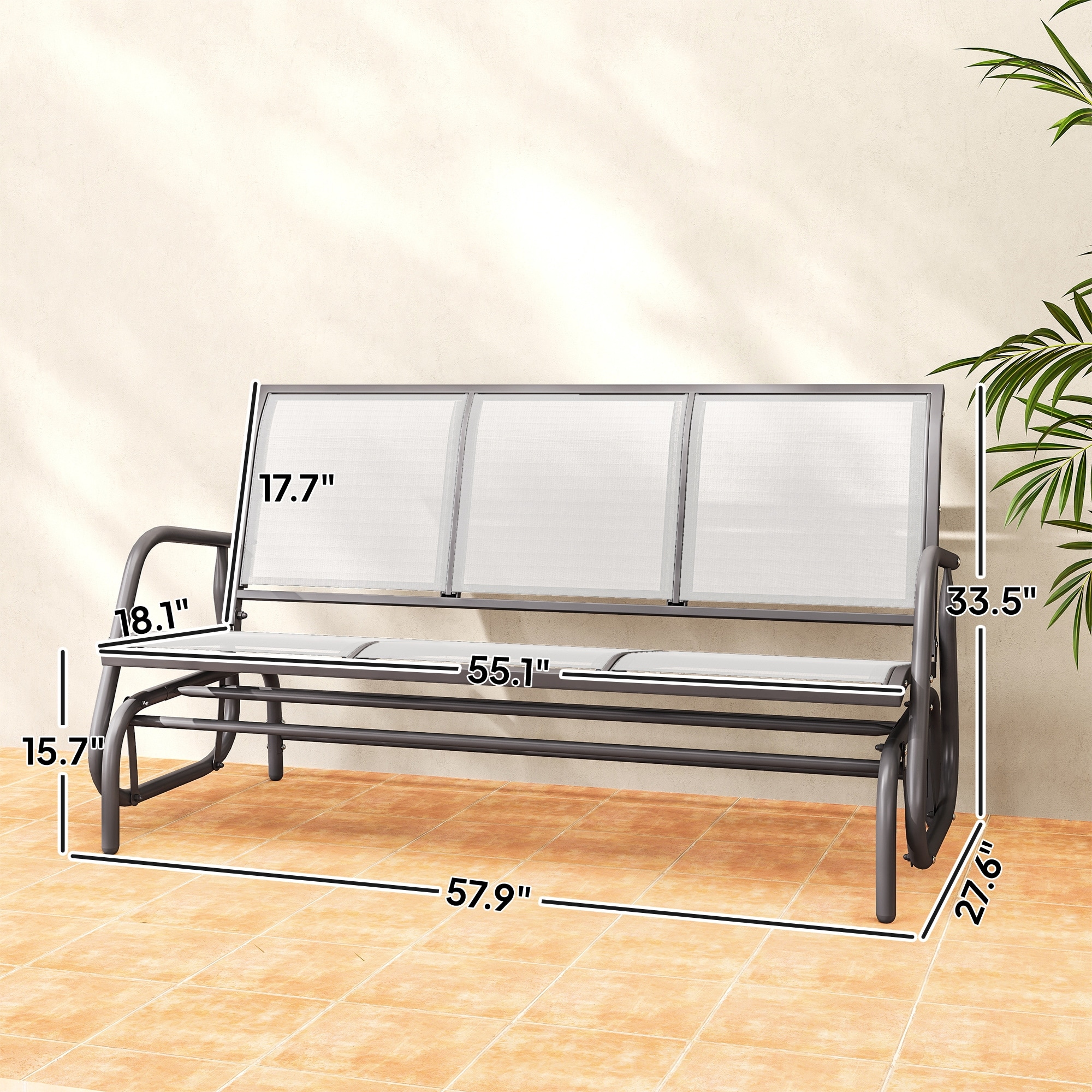 Porch Glider Swing With Three Seats Breathable Mesh Fabric And Metal Frame For Outdoor Patio
