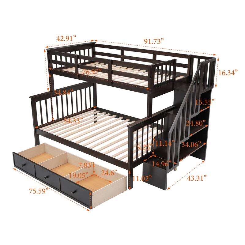 Twin Over Full Bunk Bed with Staircase and Built-In Storage Drawers, Sturdy Pine Wood Frame, Guardrails, for Adults, Kids