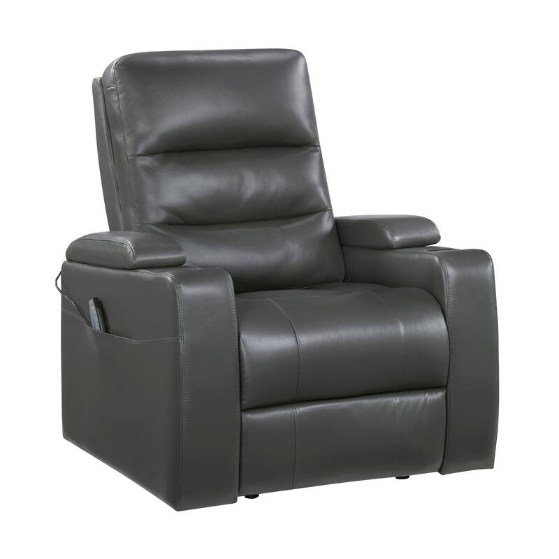 Lena 37" Faux Leather Power Recliner - Heat & Massage, Storage Arms - Gray