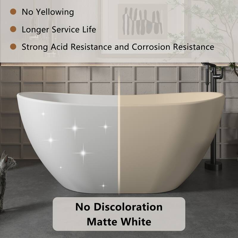 CASAINC Matte White Soaking Bathtub Solid Surface Stone Bathtub with Center Drain