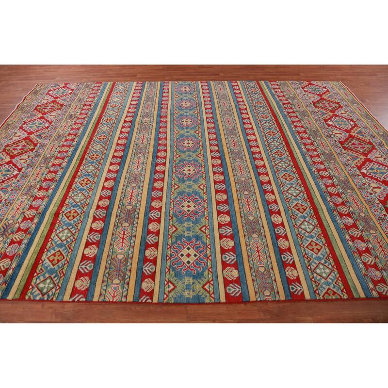 Hand Knotted Oriental 100% Wool Carpet Traditional Geometric Multi-Colored Kazak Area Rug - 11' 9'' X 8' 3''