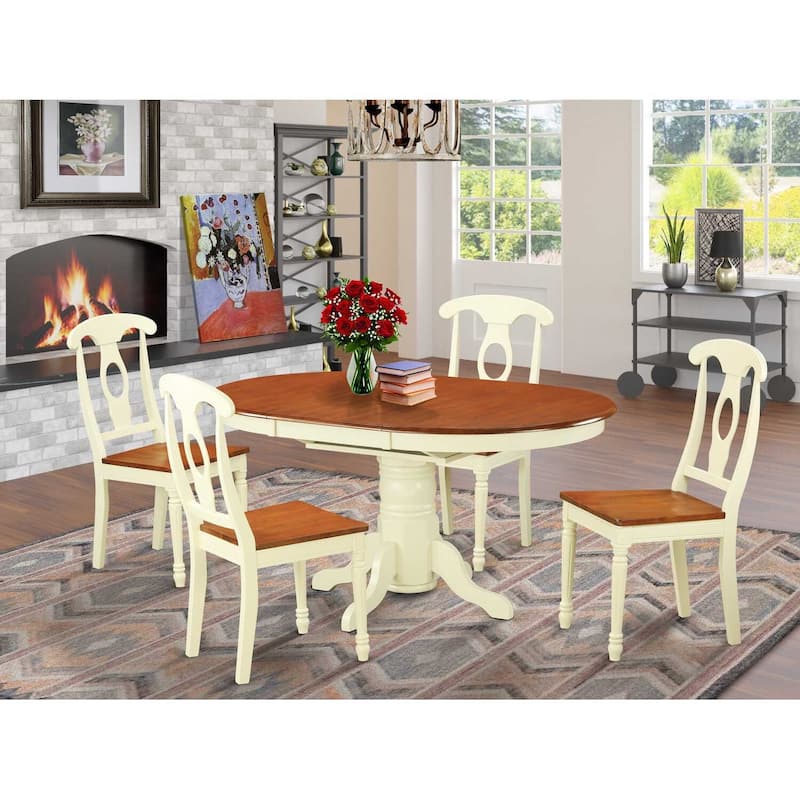 Retro Dining Set - 5 Piece Table & Chair Set - Modern Oval Wood Table with Leaf - Buttermilk & Cherry Finish
