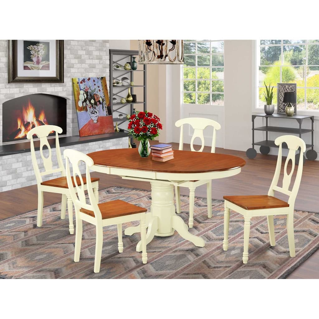 Retro Dining Set - 5 Piece Table & Chair Set - Modern Oval Wood Table with Leaf - Buttermilk & Cherry Finish