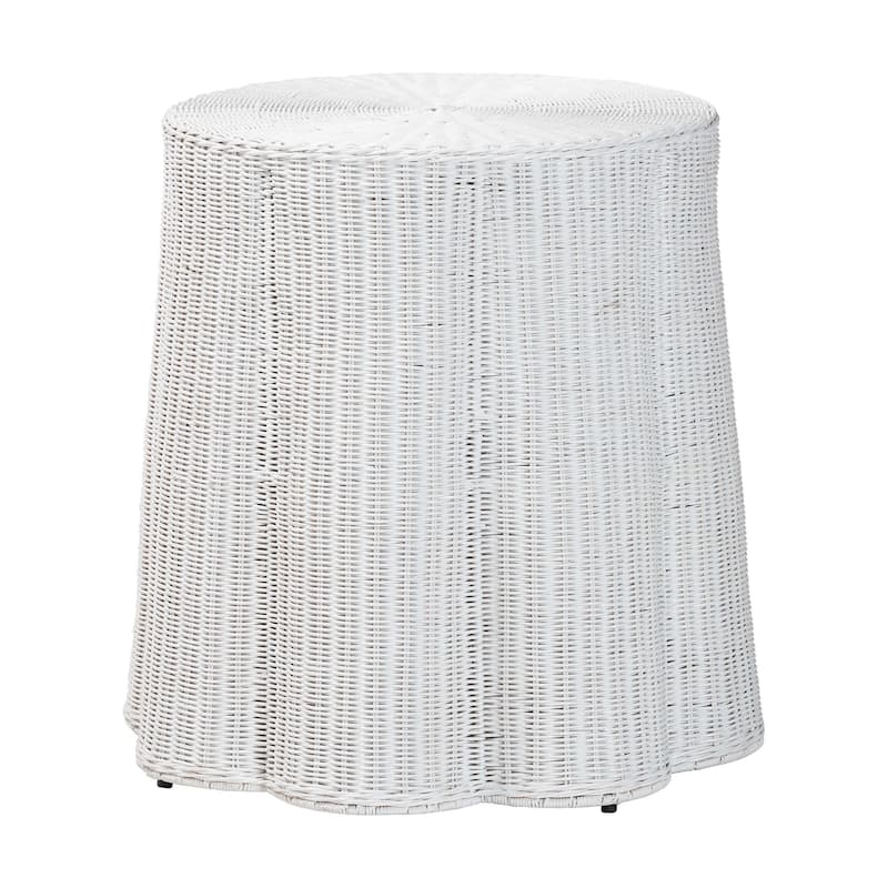 Palm Scallop Natural Rattan Console Table – Handwoven Wicker Round Accent Table for Living Room or Sunroom, Coastal Boho Style