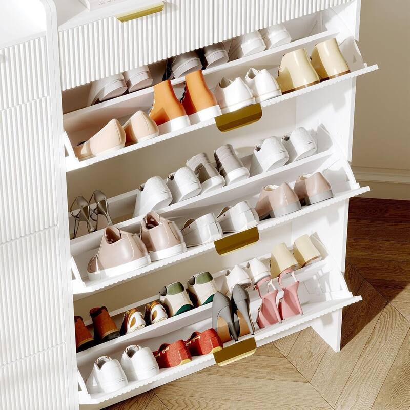 Modern Fluted Slim Shoe Storage Cabinet Organizer with 3 Flip Drawers for Apartment