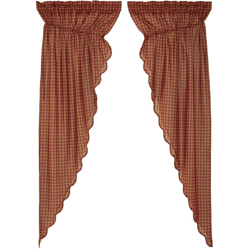 Burgundy Check Scalloped Prairie Long Panel Set of 2 84x36 - Prairie Panel 84x36