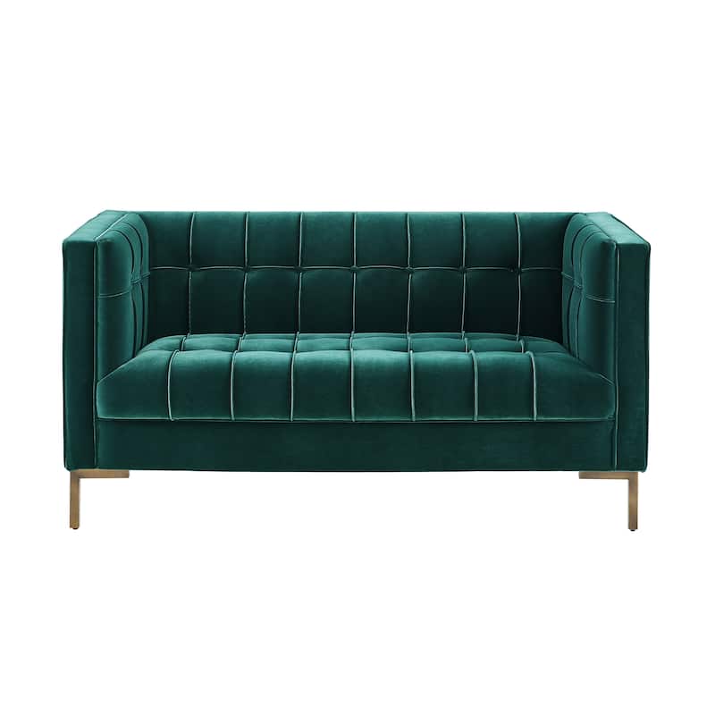 Velvet Upholstered Loveseat Sofa, Small Loveseat Sofa with Channel Stitching, 2 Seater Sofa Couch with Brass Legs - Green