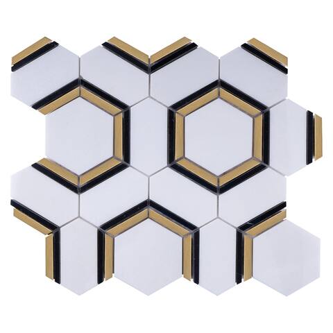 TileGen. Natural Dorato Hexagon Marble Mosaic Tile in White/Gold Wall Tile (10 sheets/9.4 sqft.)
