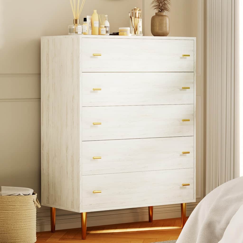 5 Drawers Dresser for Bedroom, 44" Tall Wood Rustic Chest of Drawers with Bar Handles, Vintage Design