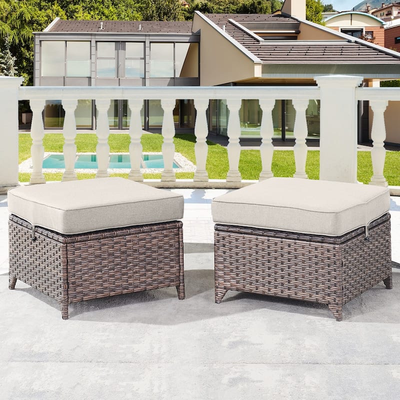Gymojoy 2 Pieces Patio Rattan Ottomans, All Weather Outdoor Footstool - Brown - Beige