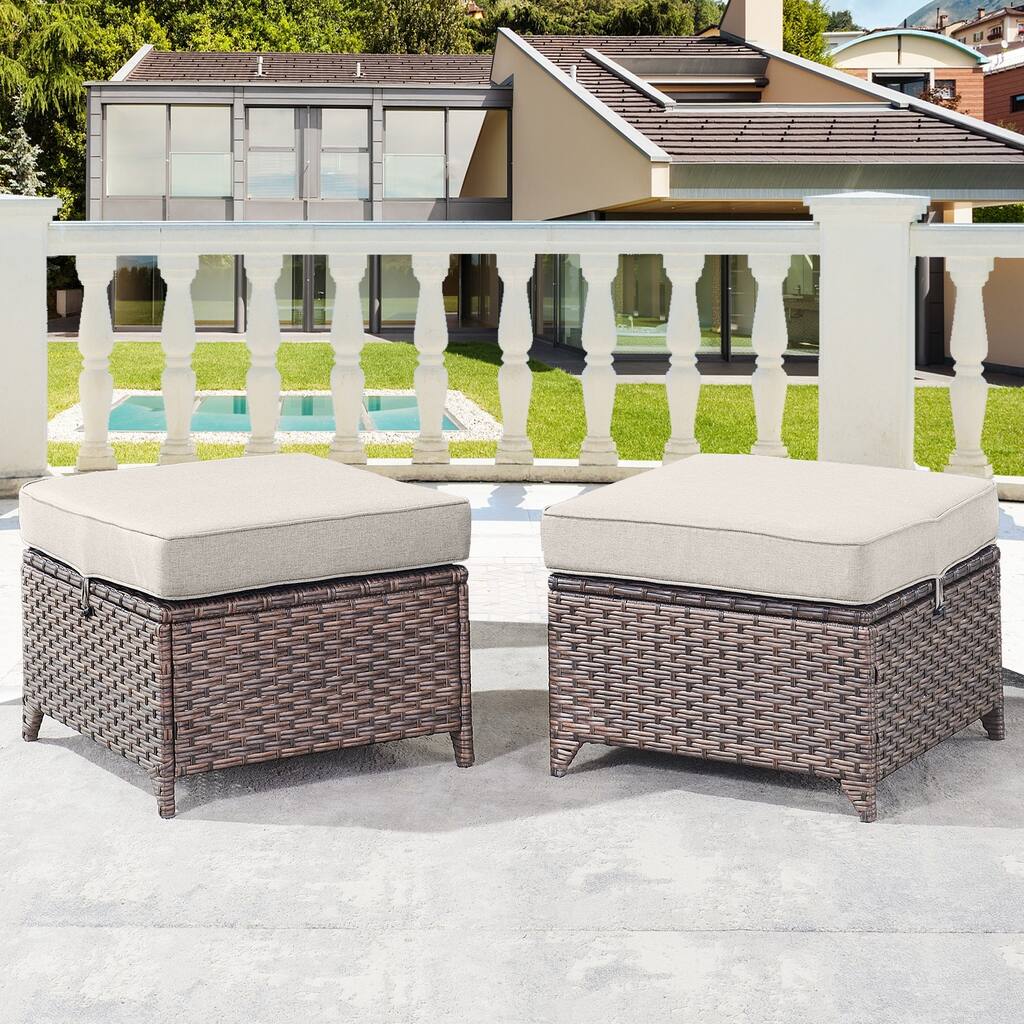 Gymojoy 2 Pieces Patio Rattan Ottomans, All Weather Outdoor Footstool