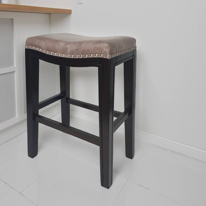 Feine Counter Stool Set of 2, Nailhead Trim, Taupe Gray Faux Leather