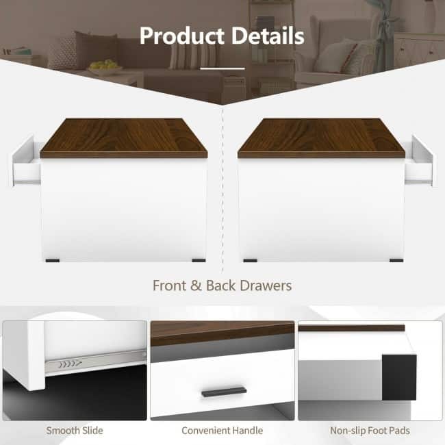 Modern Coffee Table with Front Back Drawers and Compartments for Living Room - 47.2" x 23.6" x 16.1"