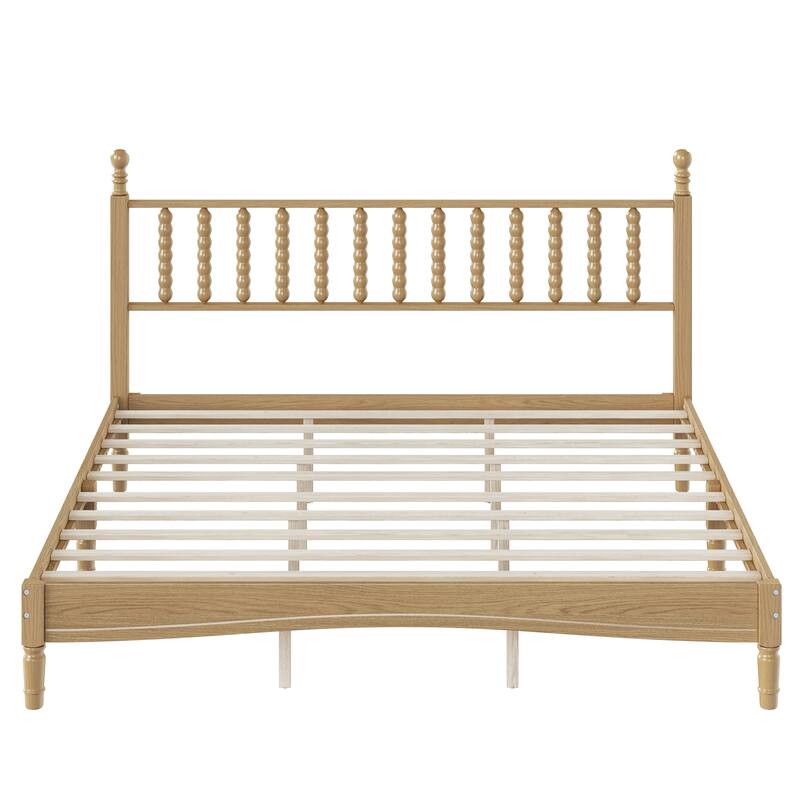 Retro Style Wood Low Profile Platform Bed with Wooden Slat Support and Gourd Shaped Headboard, No Box Spring Needed