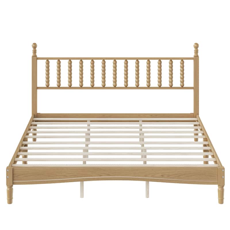Twin/Full/Queen/King Retro Style Wood Platform Bed with Gourd Headboard and Wooden Slat Support