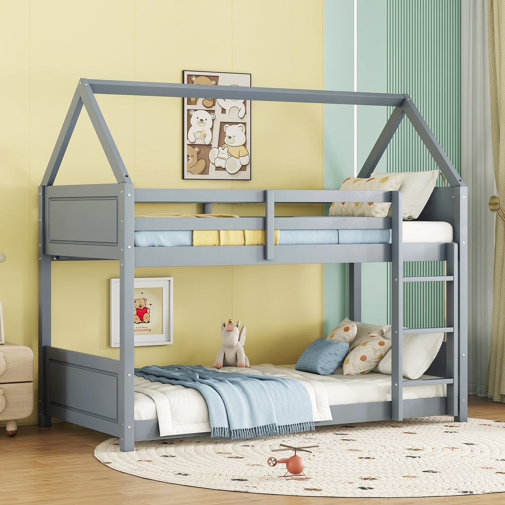 Twin Over Twin Low Bunk Bed with House-shaped Bed Roof Frame, Ladder, Guardrails, Headboards and Footboards For Kids Floor Bed